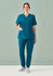 A women's teal V-neck scrub top paired with matching scrub pants, featuring a logo on the top.