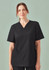 A black V-neck scrub top for women featuring short sleeves and two front pockets. It has a logo on the sleeve.