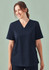 A women's navy V-neck scrub top featuring short sleeves and two front pockets. It has a subtle logo.