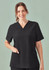 A black women's V-neck scrub top featuring short sleeves and two front pockets, with a logo displayed.