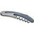 A grey and silver waitress knife featuring a corkscrew and a knife blade, with a logo on the handle.