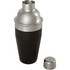 A stainless steel cocktail shaker with a black body and silver top, featuring a lid and a removable cap.