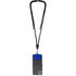 A phone lanyard in black with a blue attachment, holding a phone in a protective case.
