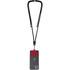 A phone lanyard featuring a black strap and a grey phone holder with a red attachment. It has a logo on the holder.
