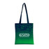 A green and navy tote bag with a logo, featuring two long handles and a professional design.