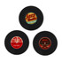 Three circular coasters resembling vinyl records, featuring colourful labels in red, green, and yellow on a black background.