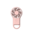 A pink portable fan with a circular design and a handle, featuring a central ventilation blade and a button.