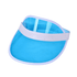 A blue PVC sun visor with a white band, featuring a curved visor shape and a clear, reflective surface.