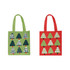 A green tote bag with tree patterns and a red tote bag with patterned trees, both featuring sturdy handles.