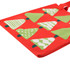 A red tote bag featuring green Christmas tree patterns and a logo. Ideal for festive occasions.
