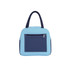 A colourful insulated lunch bag in light blue and navy, featuring a front zip pocket and sturdy handles.