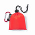 A red pouch with a drawstring and a carabiner, made from RPET material, containing a poncho.