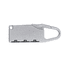 A silver travel padlock with a sleek design and a combination dial for security features. It includes a carabiner clip.