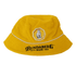 A yellow terry bucket hat featuring an emblem and branded logo on the front.