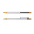 A set of two aluminium pens with a white body and gold accents, featuring a clip and a logo.