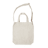 A plain beige tote bag with long and short handles, featuring a logo on the front.