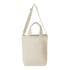 A cream tote bag with two handles and an adjustable shoulder strap, featuring a logo on the front.