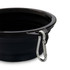 A black collapsible bowl with a silver carabiner attached to the rim for easy carrying.