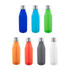 A drink bottle collection featuring blue, aqua, green, orange, red, grey, and white finishes with metallic silver lids.