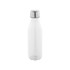 A drink bottle with a clear body and a silver stainless steel lid, featuring a logo.