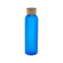 A drink bottle made of frosted blue glass with a natural bamboo lid and a simple, modern design.