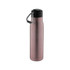 A drink bottle in rose gold with a black lid and a grey carrying strap, featuring a logo.