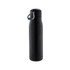 A drink bottle with a sleek black design and a grey strap. It features a logo on the body.