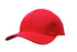 A red cotton twill cap with a rounded crown and a curved brim, featuring a logo on the front.