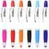 A set of six ballpoint pens in pink, orange, black, blue, and two shades of blue, featuring branding.