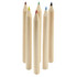 A set of six coloured pencils in red, yellow, green, blue, black, and unpainted wood. The pencils have pointed tips.