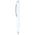 A white ballpoint pen with a silver clip, featuring a smooth click-action mechanism and a minimalist design.