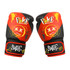 Red and black adult training boxing gloves with a bold design featuring graffiti-style text and a logo.