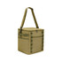 A foldable insulated cooler bag in olive green, featuring a sturdy strap and zip closure. It has exterior pockets and branding.