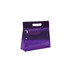 A transparent purple cosmetic pouch with a zippered pocket and handle. It features a glossy finish and branding.