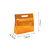 An orange transparent cosmetic pouch with a handle and a zipper pocket, featuring measurements of 24cm x 21cm x 6.5cm.