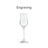 A tall, clear glass wine glass with a slender stem and a broad, flared bowl. Features engraved detailing.