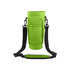 A drink bottle carrier bag in bright green with a phone pocket and adjustable strap. It features a logo on the front.