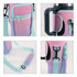 A drink bottle carrier bag in pink and light blue, with a phone pocket and adjustable strap. Features a logo.