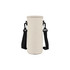 A drink bottle carrier in beige fabric with black straps, featuring clips for attachment.