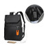 A black laptop backpack features a front pocket with an orange tag and a section for a charging cable.