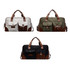A vintage canvas duffle bag collection featuring grey, olive, and black colours with brown leather accents and pockets.