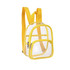 A clear mini backpack with yellow straps and compartments, featuring a secure zip closure and a branding logo.