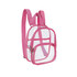 A clear mini backpack with pink straps and zippered compartments, featuring a simple design and a logo on the front.