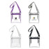 Four PVC clear crossbody bags in purple, grey, white, and black, each featuring a branding logo and an inner pouch.