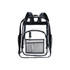 A transparent backpack with black straps features multiple compartments and mesh pockets on the sides.
