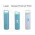 A drink bottle trio in light blue and white, featuring handles and various logo designs.