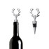 A drink bottle topped with a silver deer head wine stopper, featuring antlers and a rubber base for sealing.