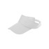 A white visor with a wide brim and adjustable back, featuring a logo on the side.