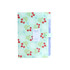 An expandable file folder in mint green with a cherry pattern and a light green closure. It features a logo.