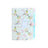 A pink expandable file folder featuring a floral pattern in white, yellow, and green, with a button closure.